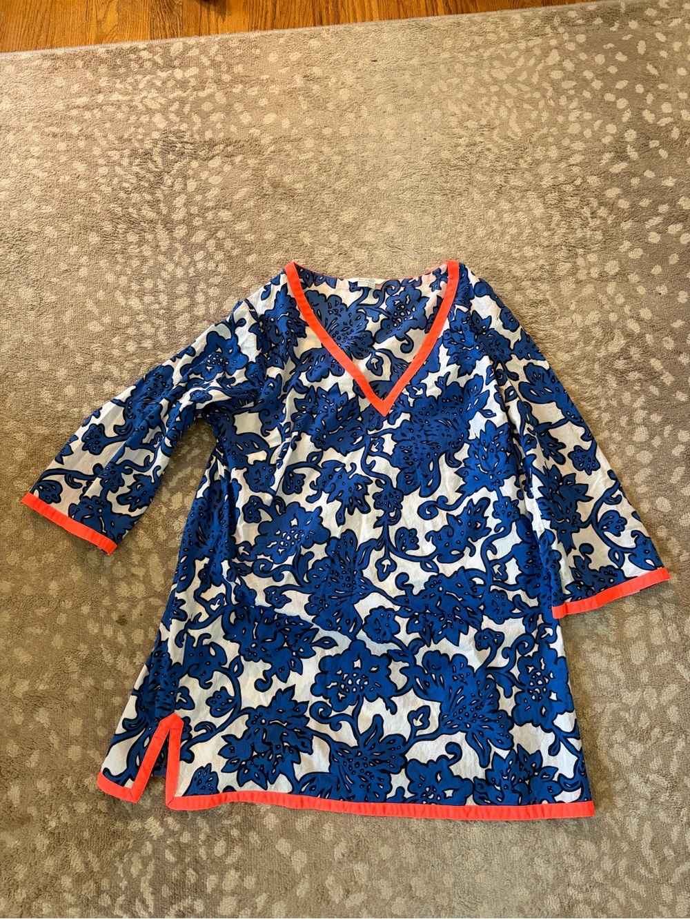 Boden Blue Floral Swim Coverup with Coral Trim